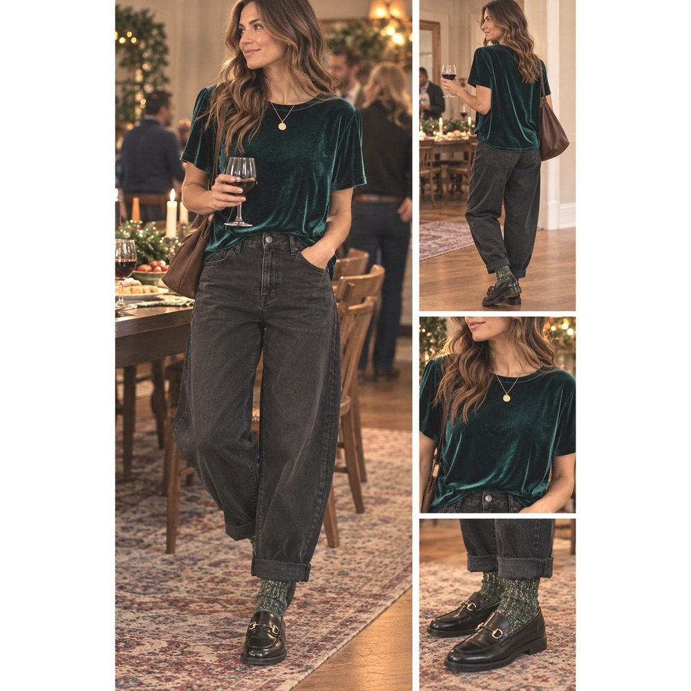 Madewell velvet luxe forest green boxy scoopneck casual holiday party jeans top